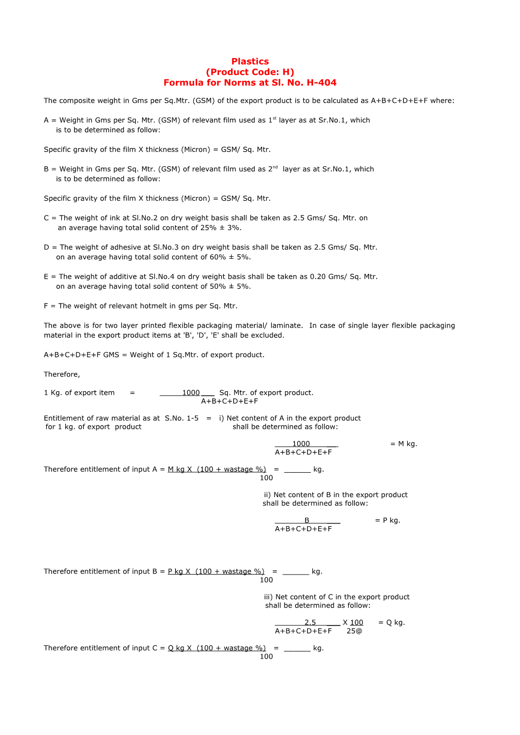 General Notes for All Export Products Groups