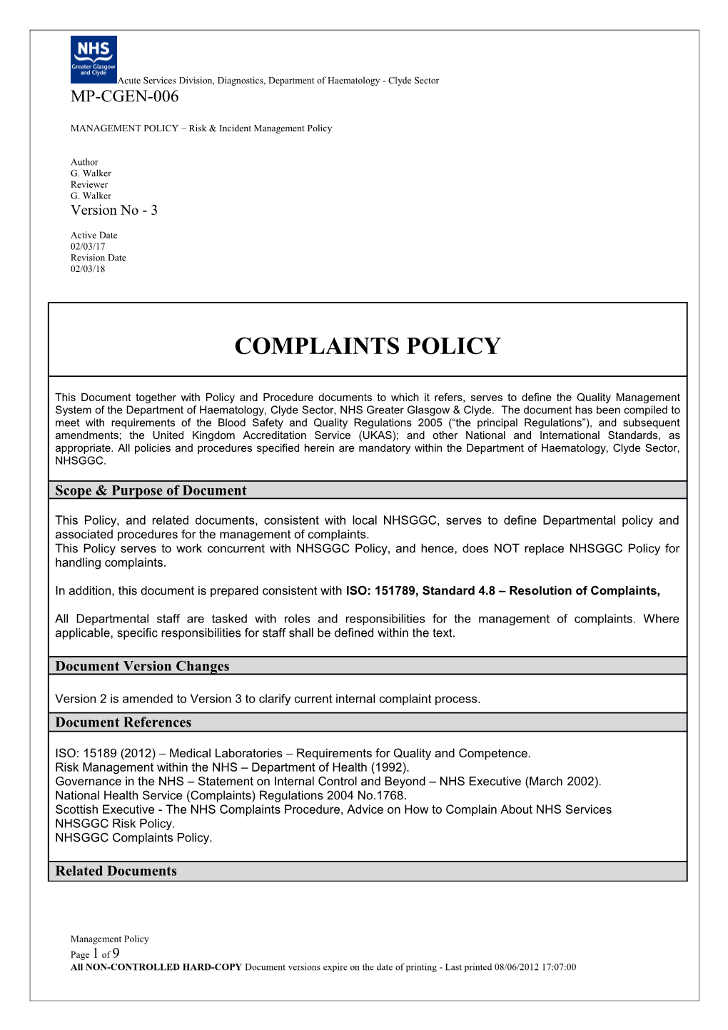 1.0Context Setting NHS Complaints Procedure