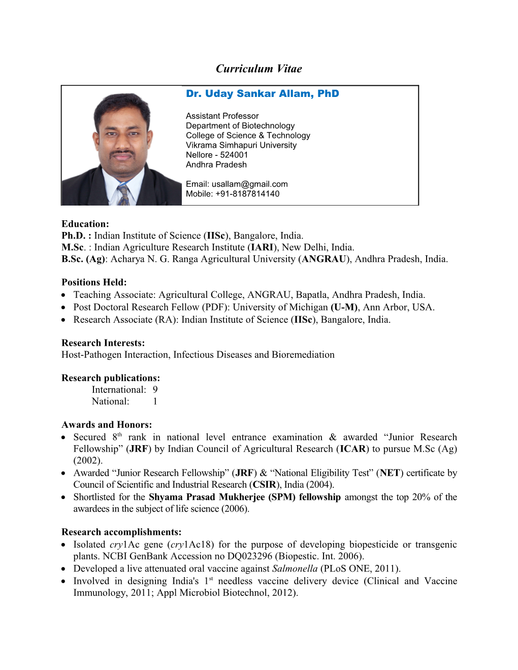 Dr. Uday Sankar Allam, Phd