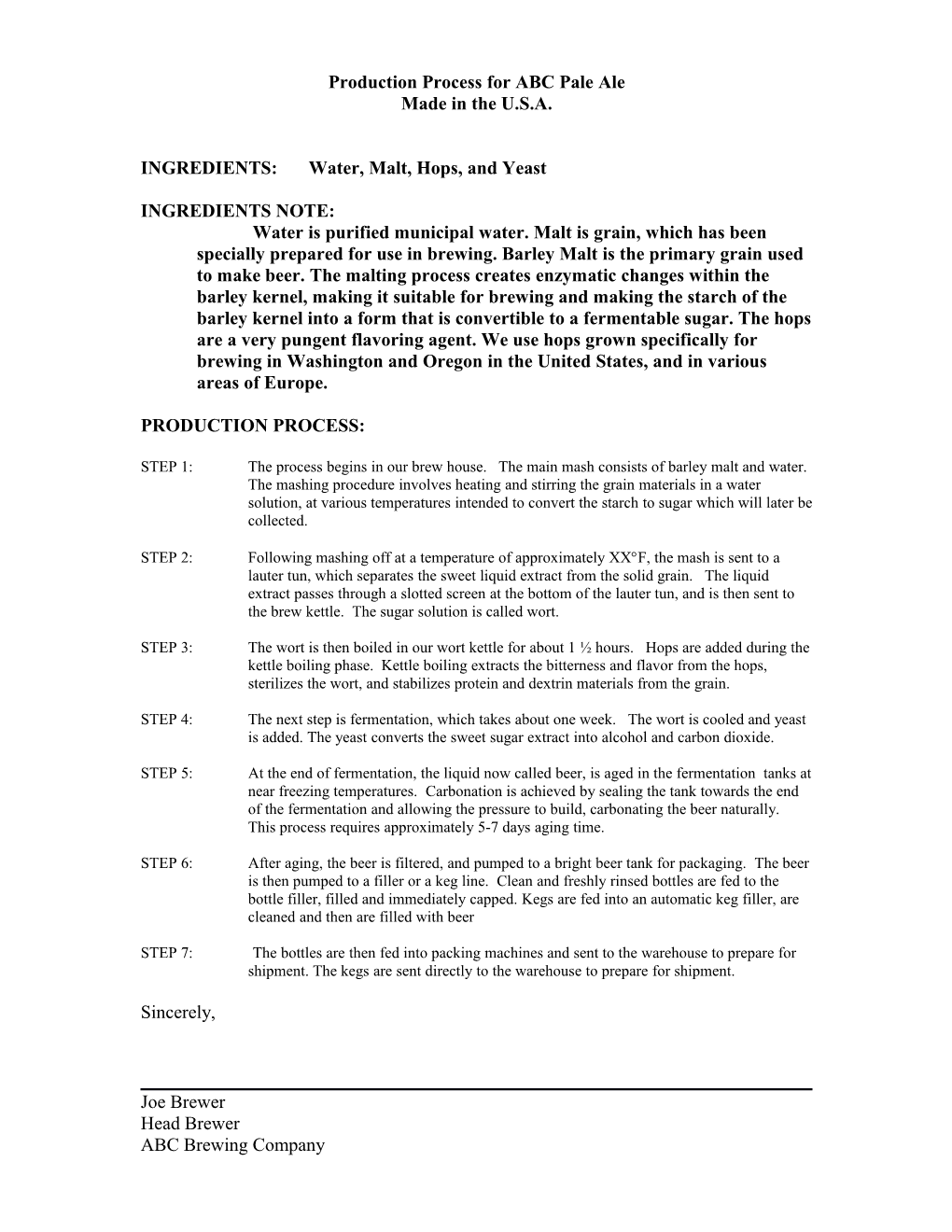 Production Process for ABC Pale Ale