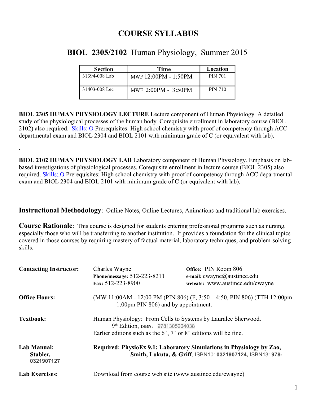 BIOL 2305/2102 Human Physiology, Summer 2015