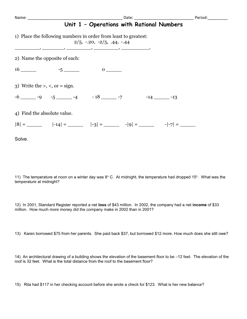 Unit 1 Operations with Rational Numbers