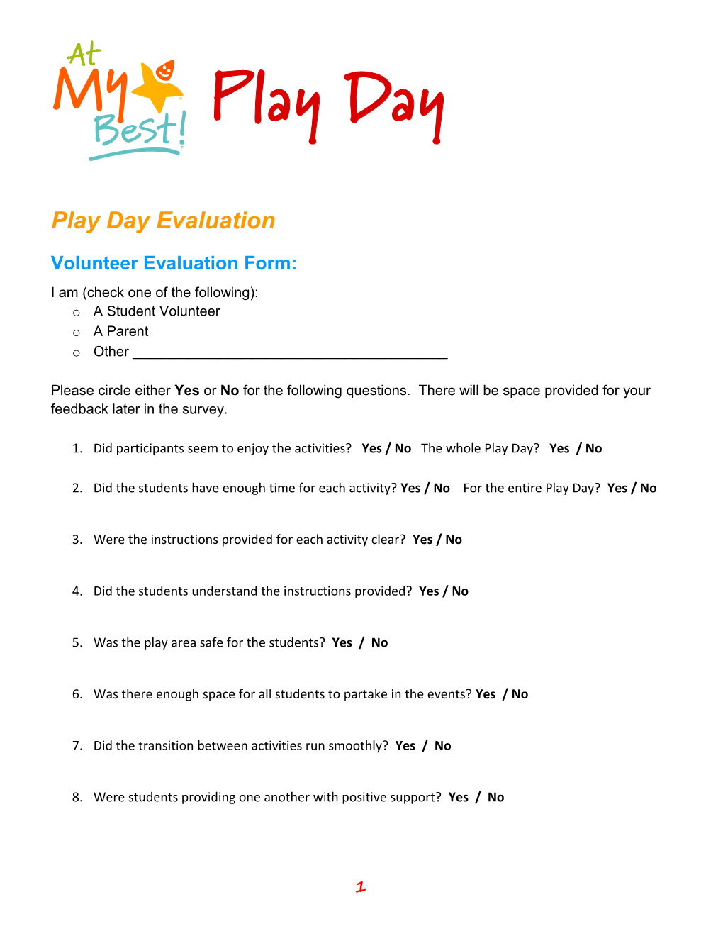 Play Day Evaluation