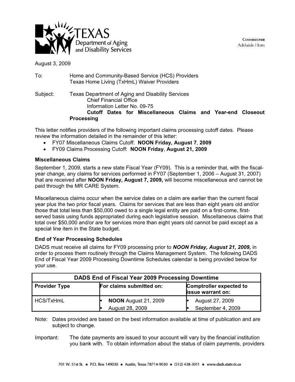 IL 09-075 Cutoff Dates for Miscellaneous Claims and Year-End Closeout Processing
