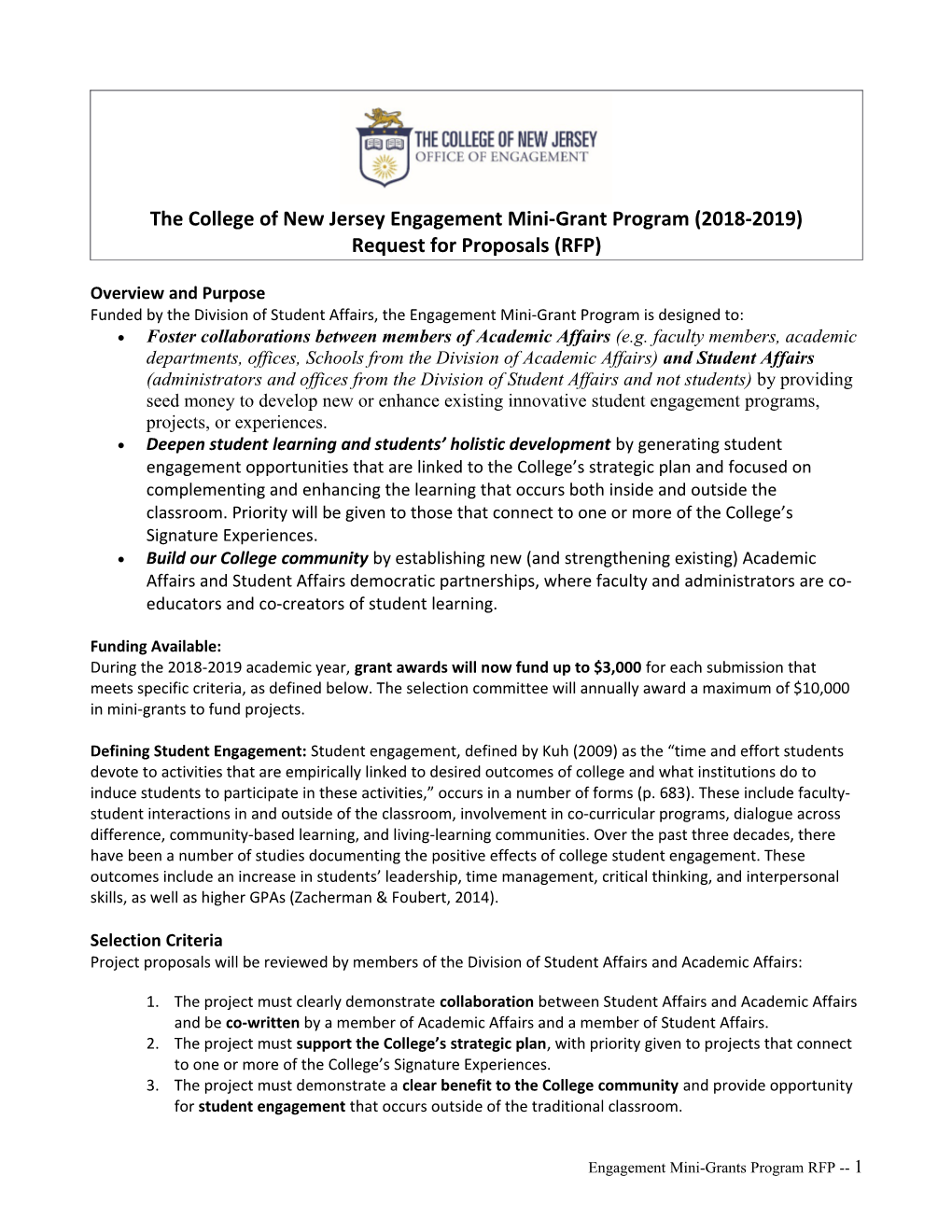 The College of New Jersey Engagement Mini-Grant Program (2018-2019)