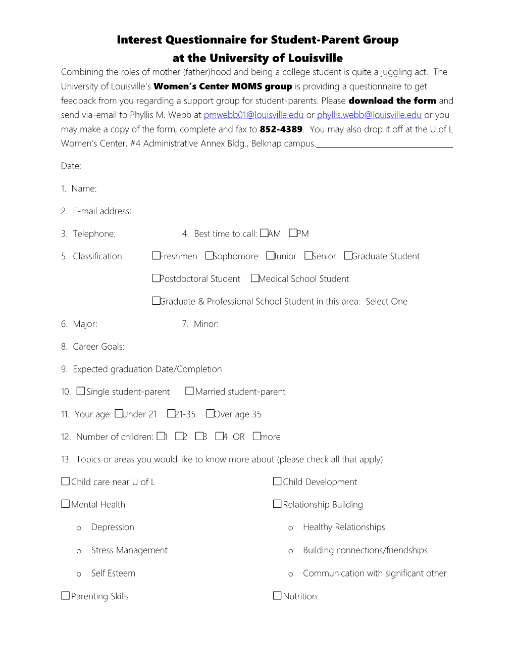 Interest Questionnaire for Student-Parent Group