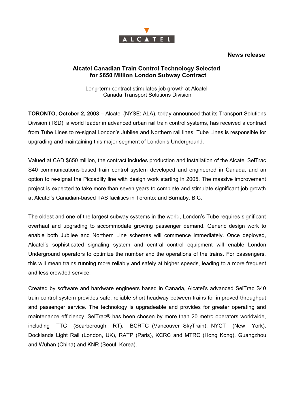 Alcatel Canadian Train Control Technology Selected