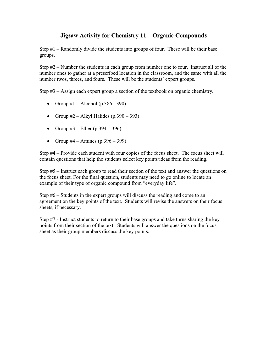 Jigsaw Activity for Chemistry 11 Organic Compounds