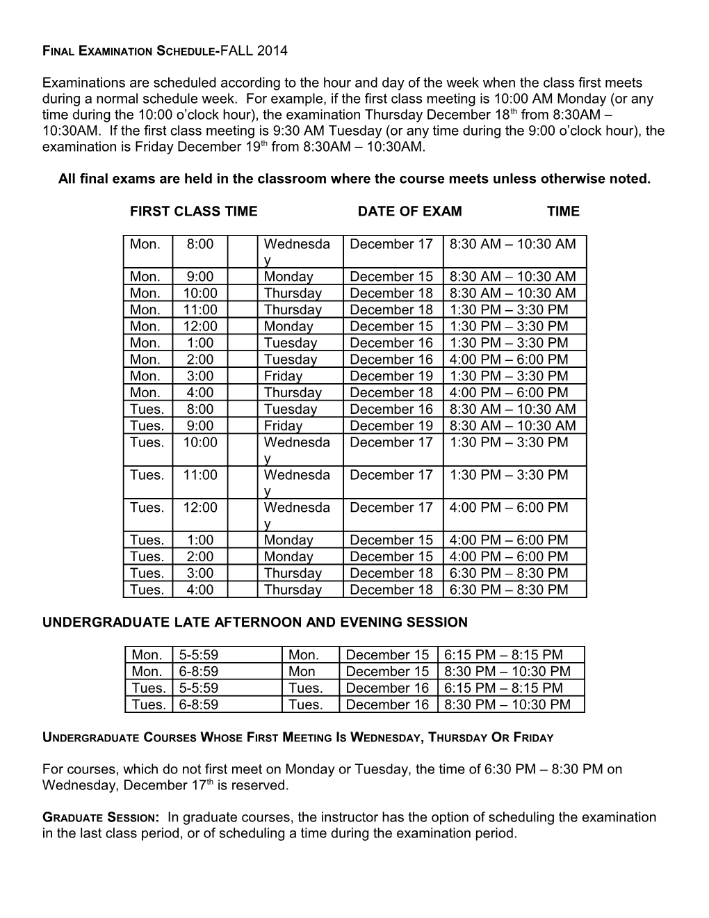 Final Examination Schedule-FALL 2014