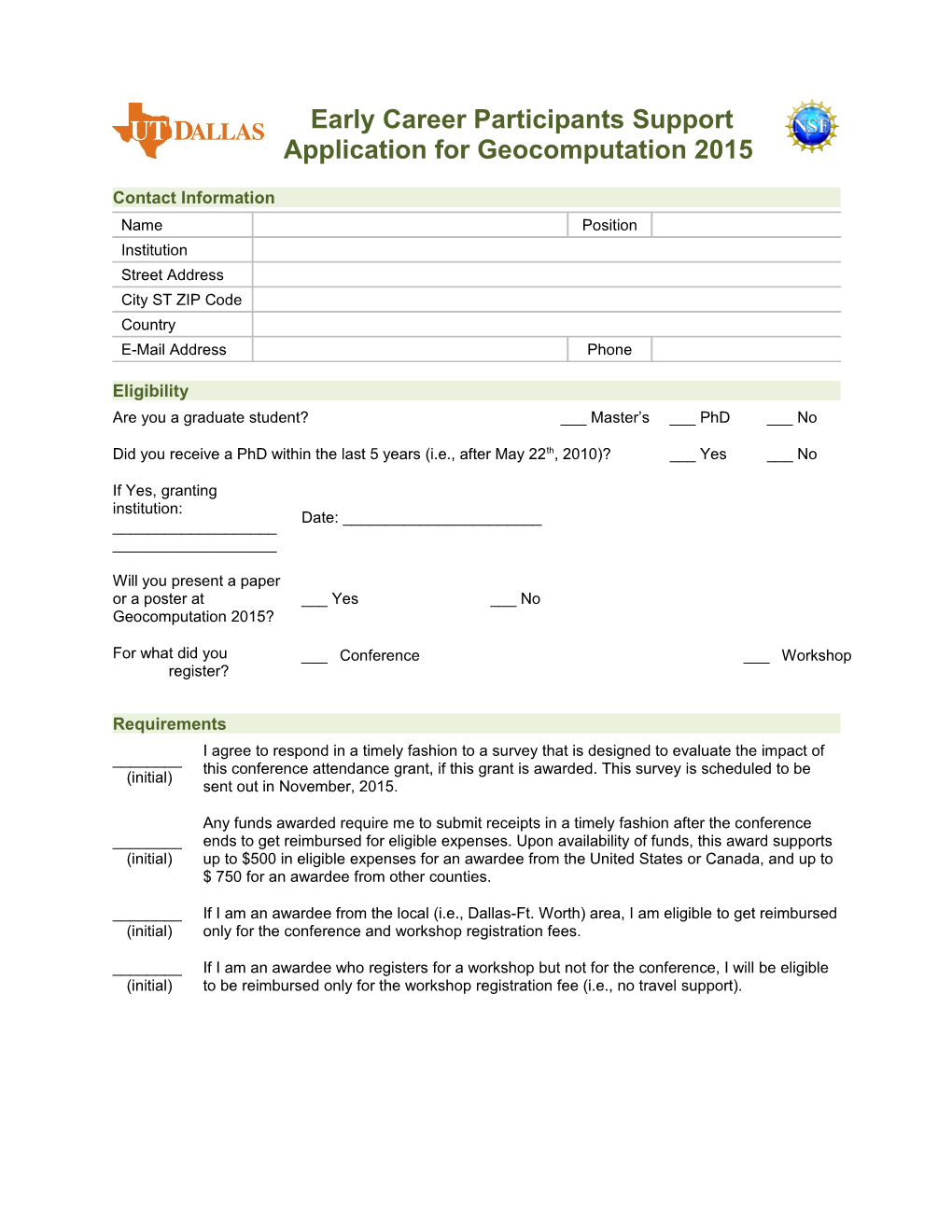 Early Career Participants Support Application for Geocomputation 2015