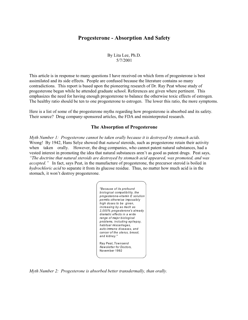 Progesterone - Absorption and Safety