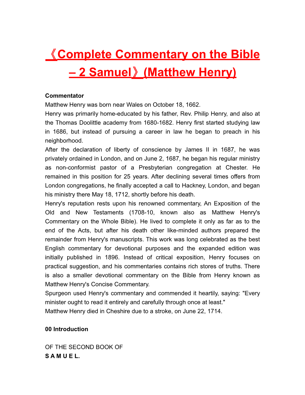 Complete Commentary on the Bible 2 Samuel (Matthew Henry)
