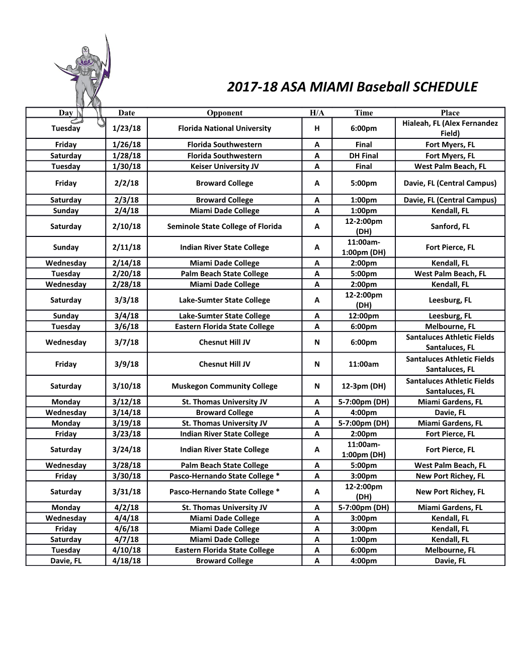 2017-18 ASA MIAMI Baseball SCHEDULE