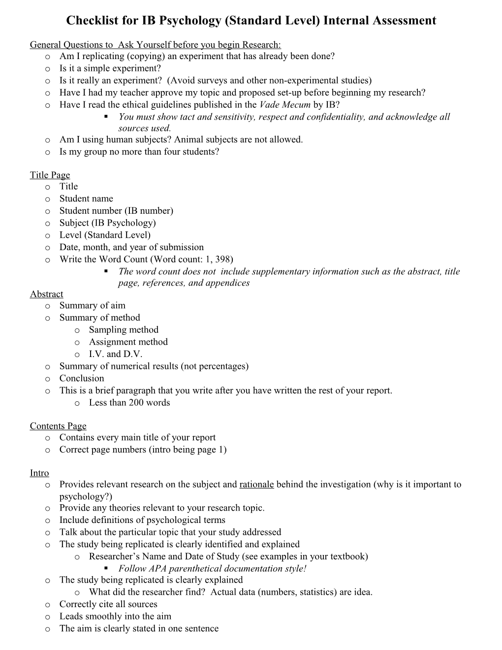 Checklist for IB Psychology Experiment (Internal Assessment)