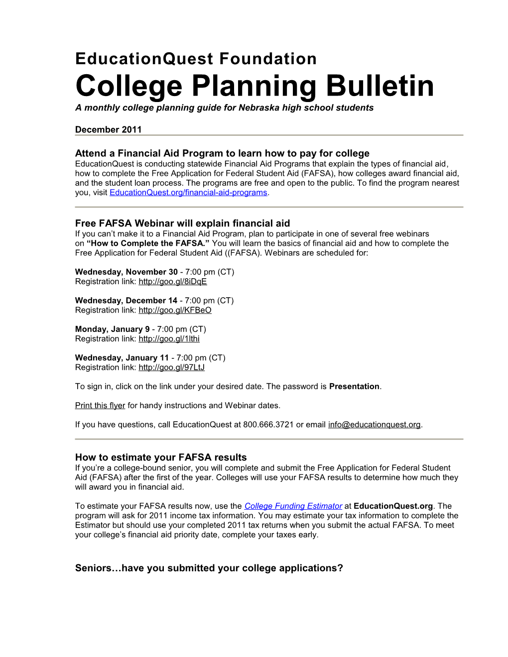 A Monthly College Planning Guide for Nebraska High School Students