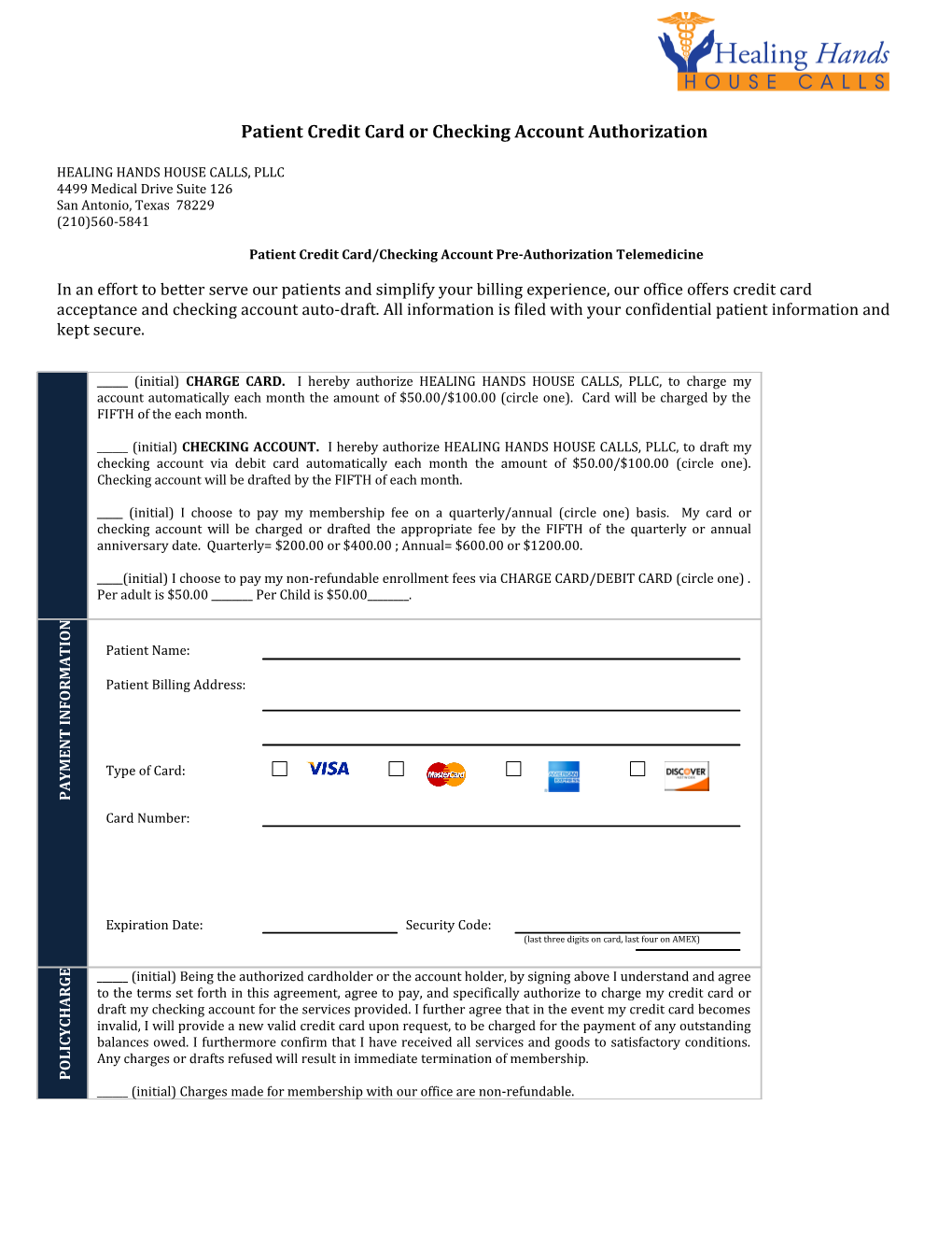 Patient Credit Card Or Checking Account Authorization