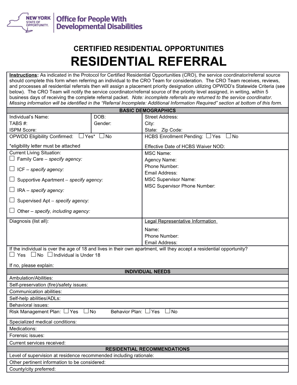 Region 2- Broome Residential Opportunity Approval Form