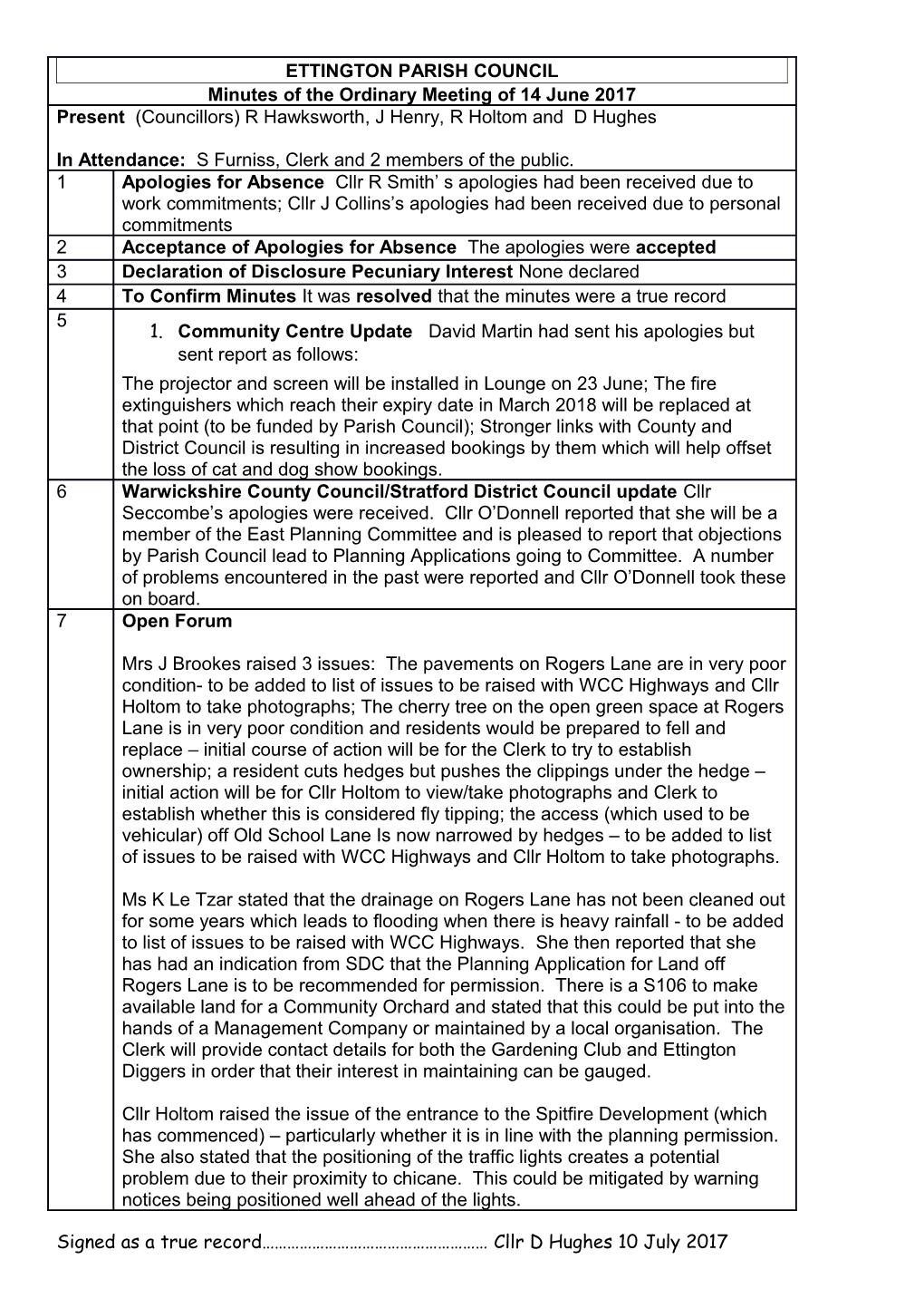 Signed As a True Record Cllr D Hughes 10 July 2017