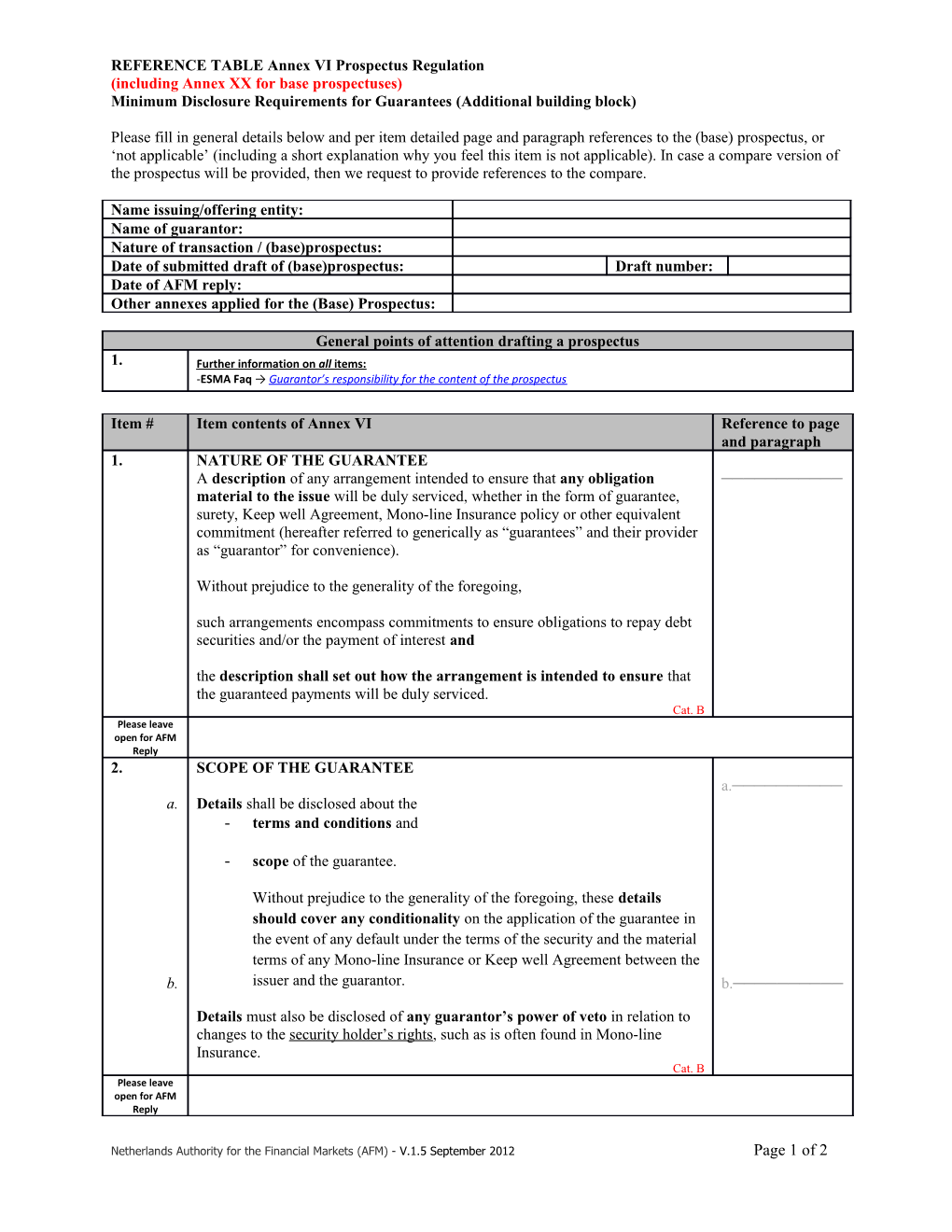 REFERENCE TABLE Annex VI Prospectus Regulation