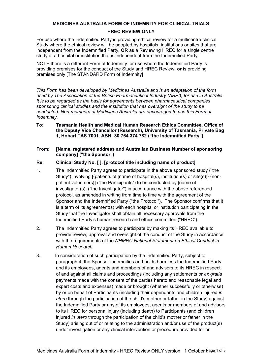 Form of Indemnity for Clinical Trials