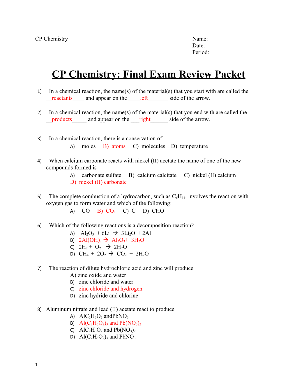 CP Chemistry: Final Exam Review Packet