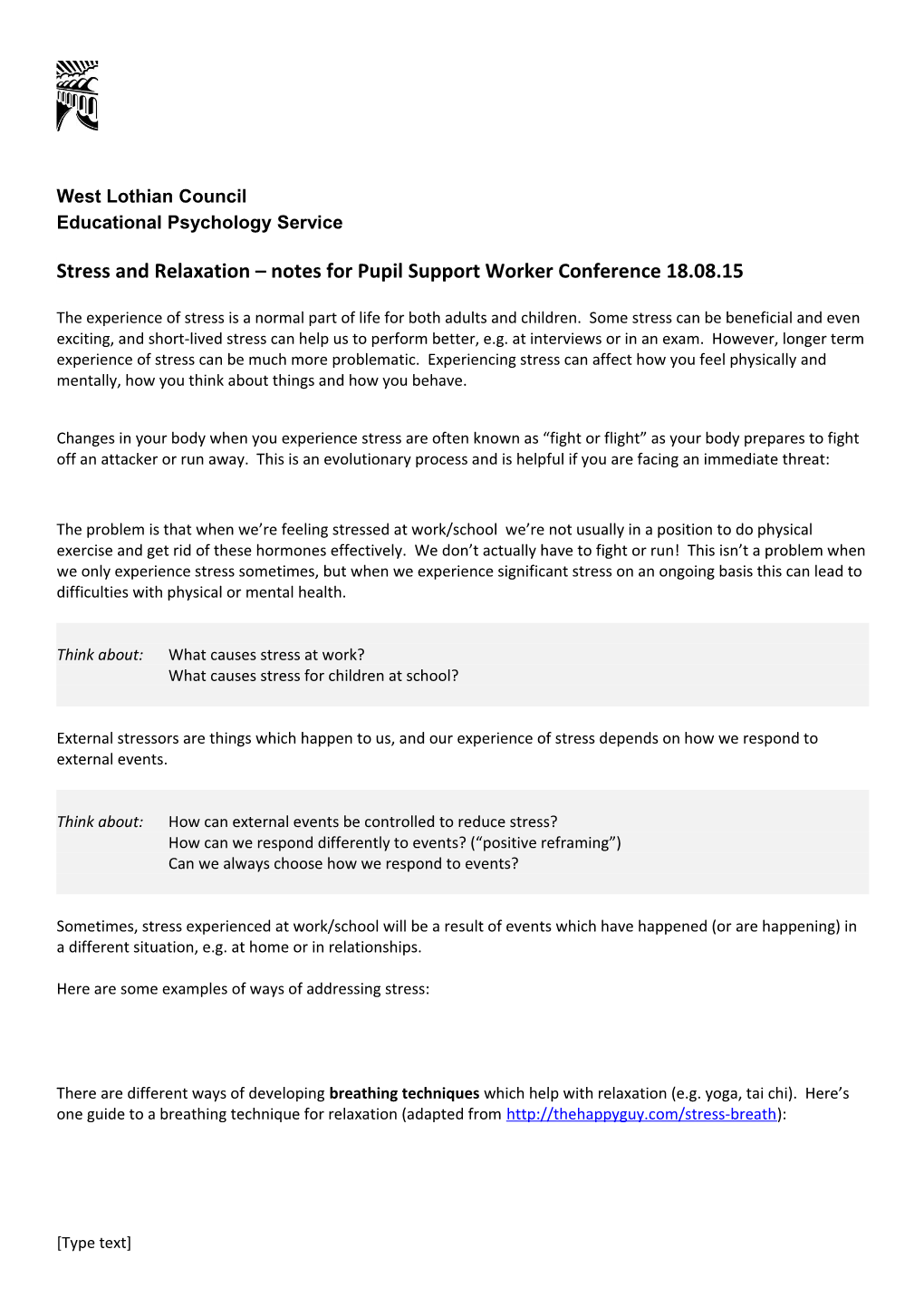 Stress and Relaxation Notes for Pupil Support Worker Conference 18.08.15
