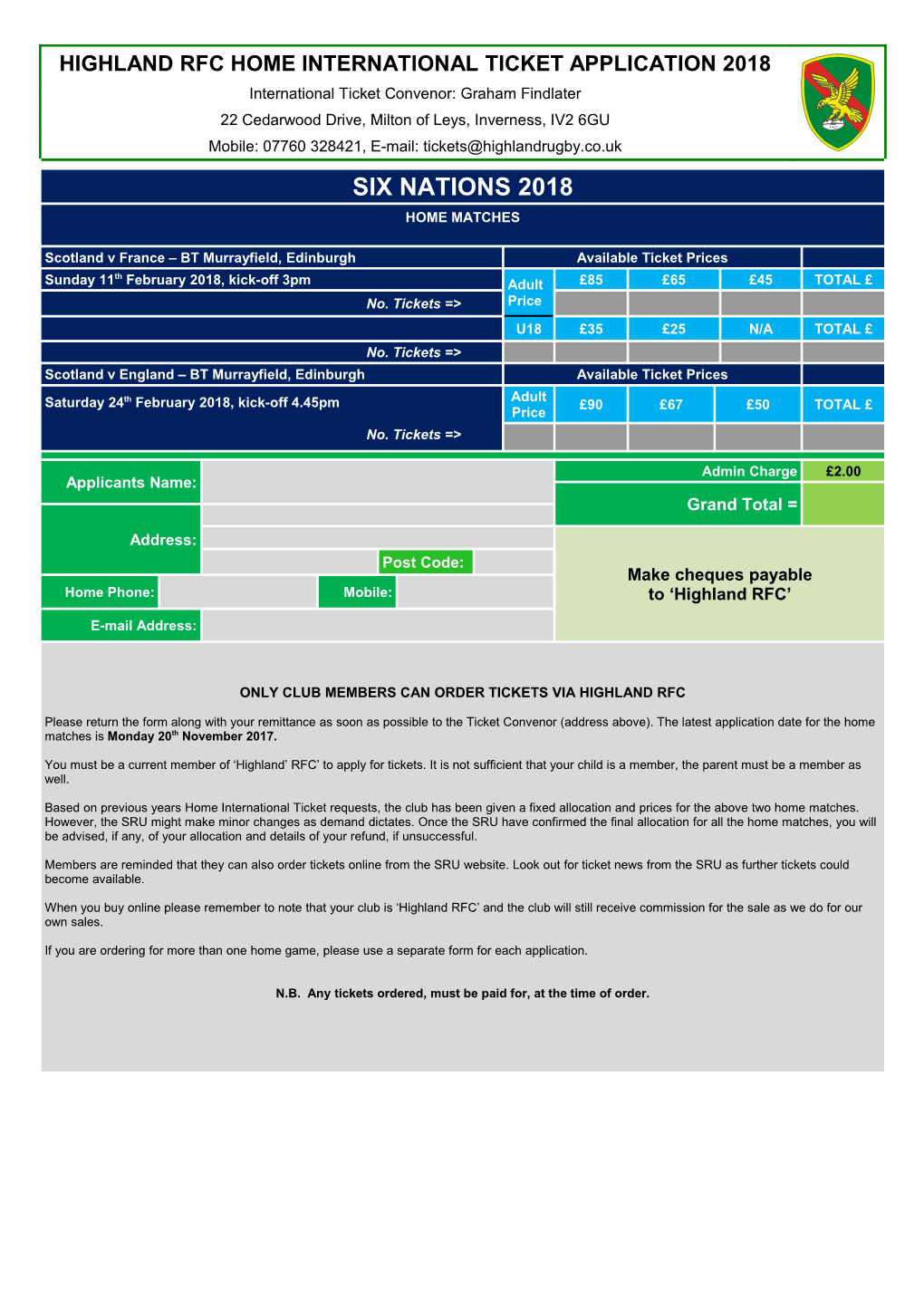 Highland Rfc International Ticket Application 2010-2011