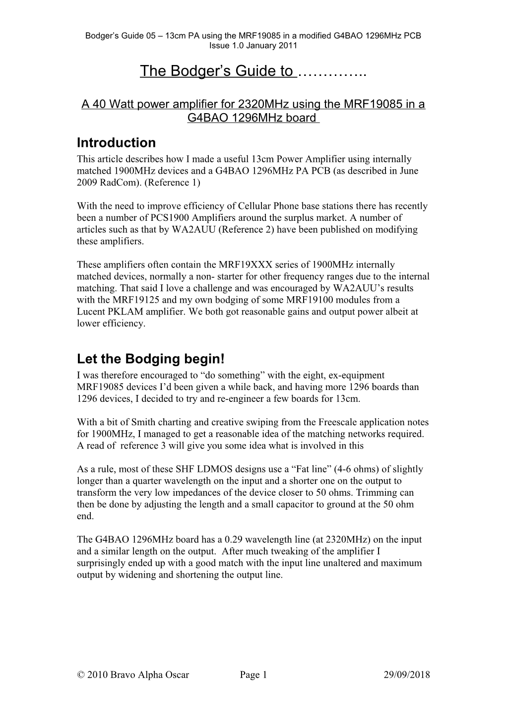 Bodger S Guide 05 13Cm PA Using the MRF19085 in a Modified G4BAO 1296Mhz Pcbissue 1.0January