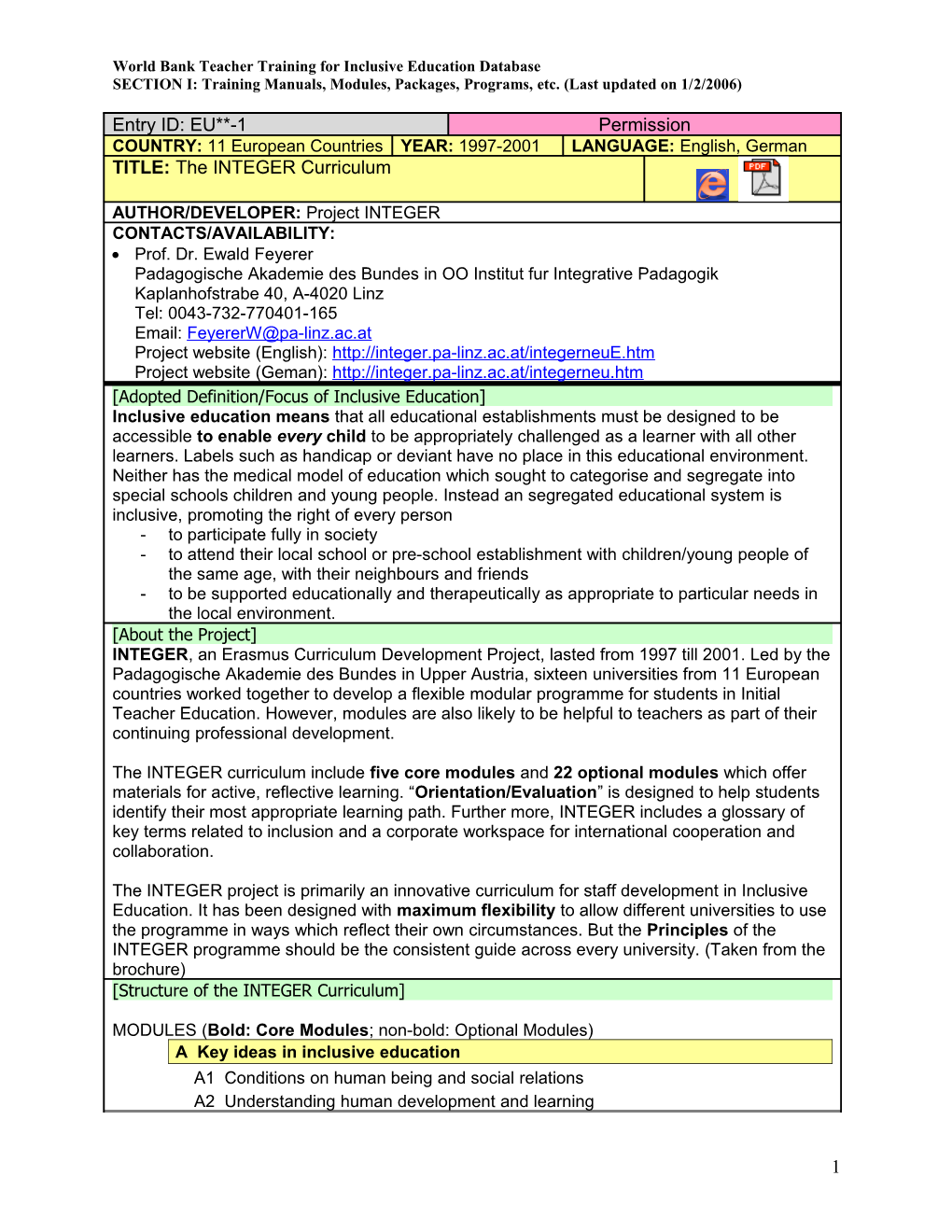 World Bank Teacher Training for Inclusive Education Database