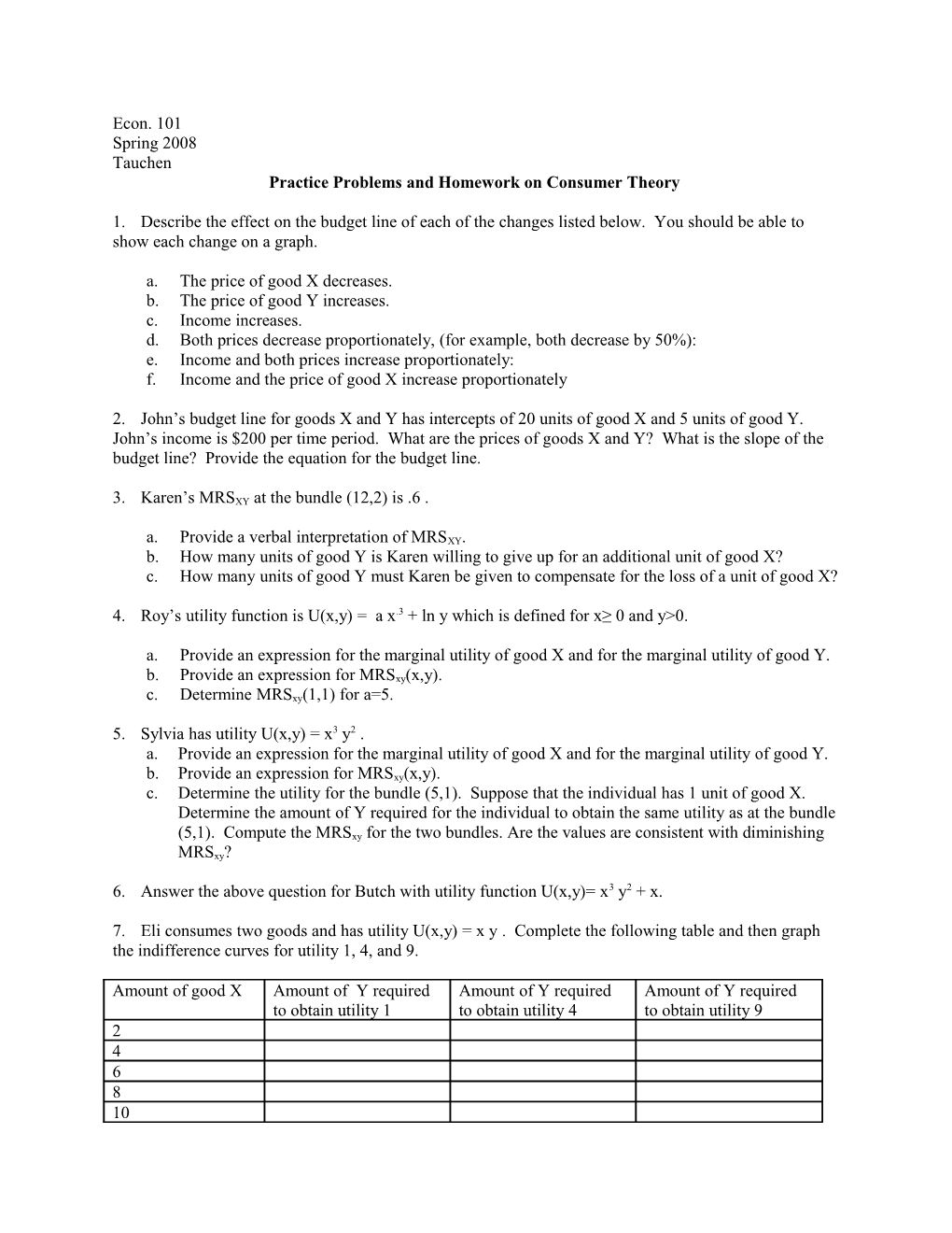 Practice Problems and Homework on Consumer Theory