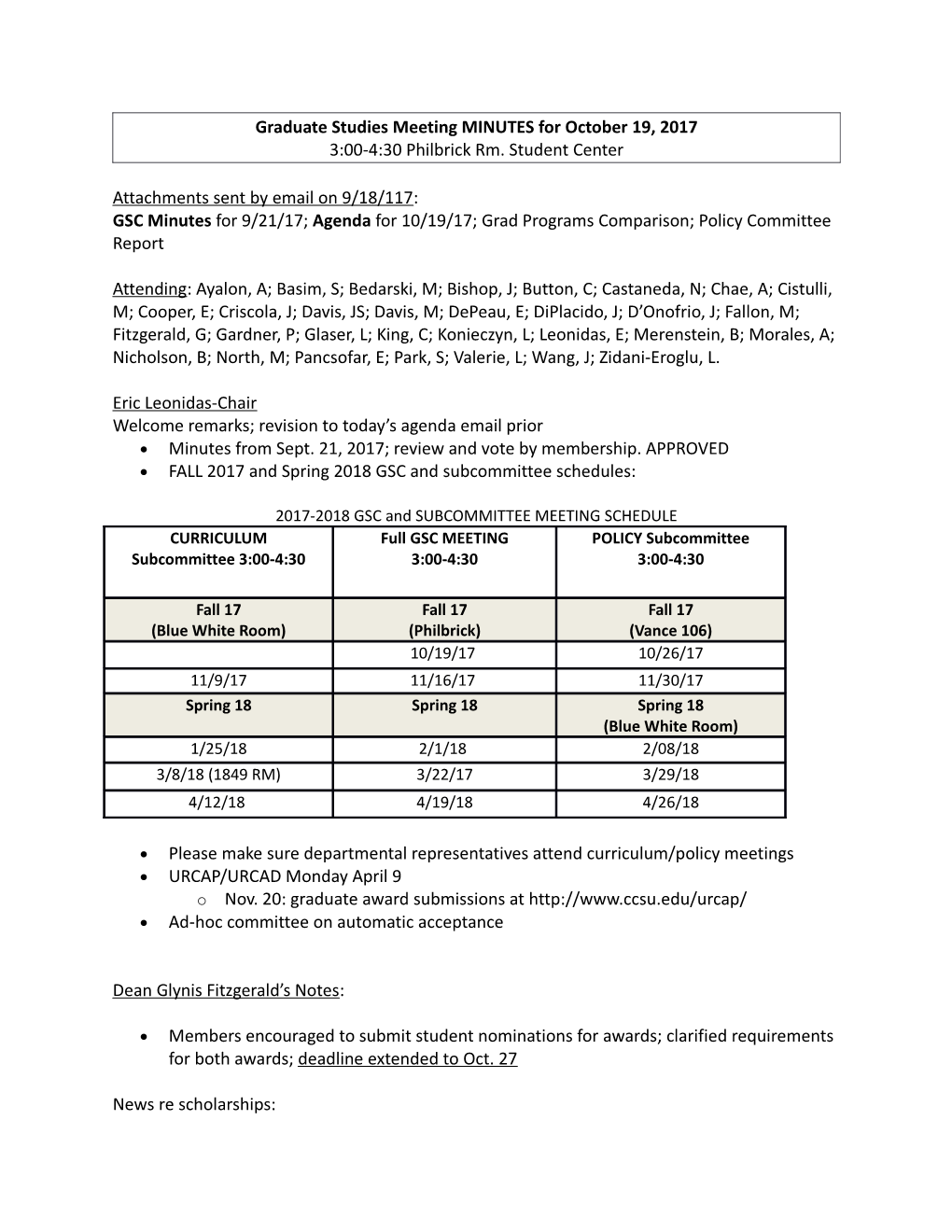 Graduate Studies Meeting MINUTES for October 19, 2017