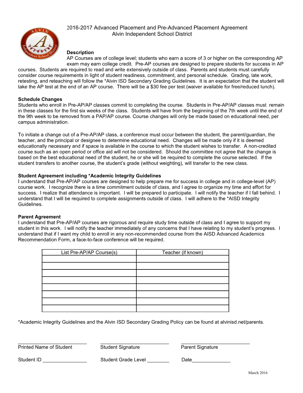 2016-2017 Advanced Placement and Pre-Advanced Placement Agreement