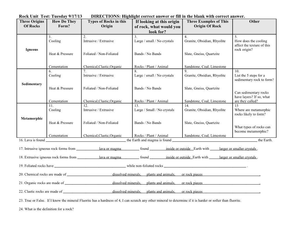 Rock Unit Test Study Guide