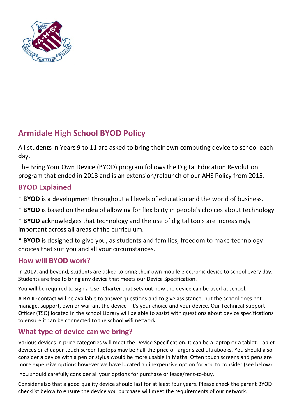 Armidale High School BYOD Policy