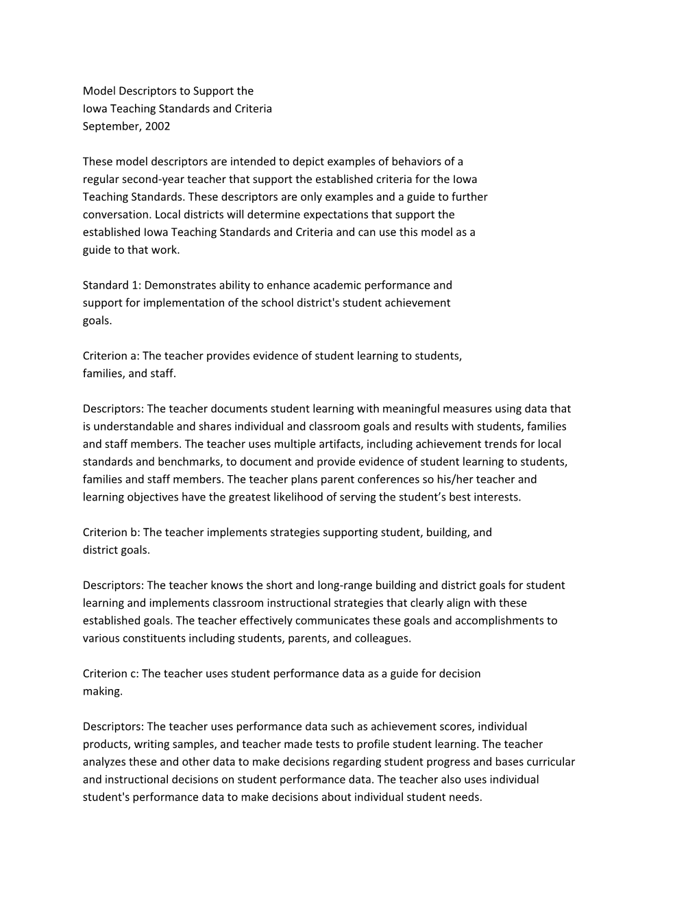 Model Descriptors to Support the Iowa Teaching Standards and Criteria September, 2002 These