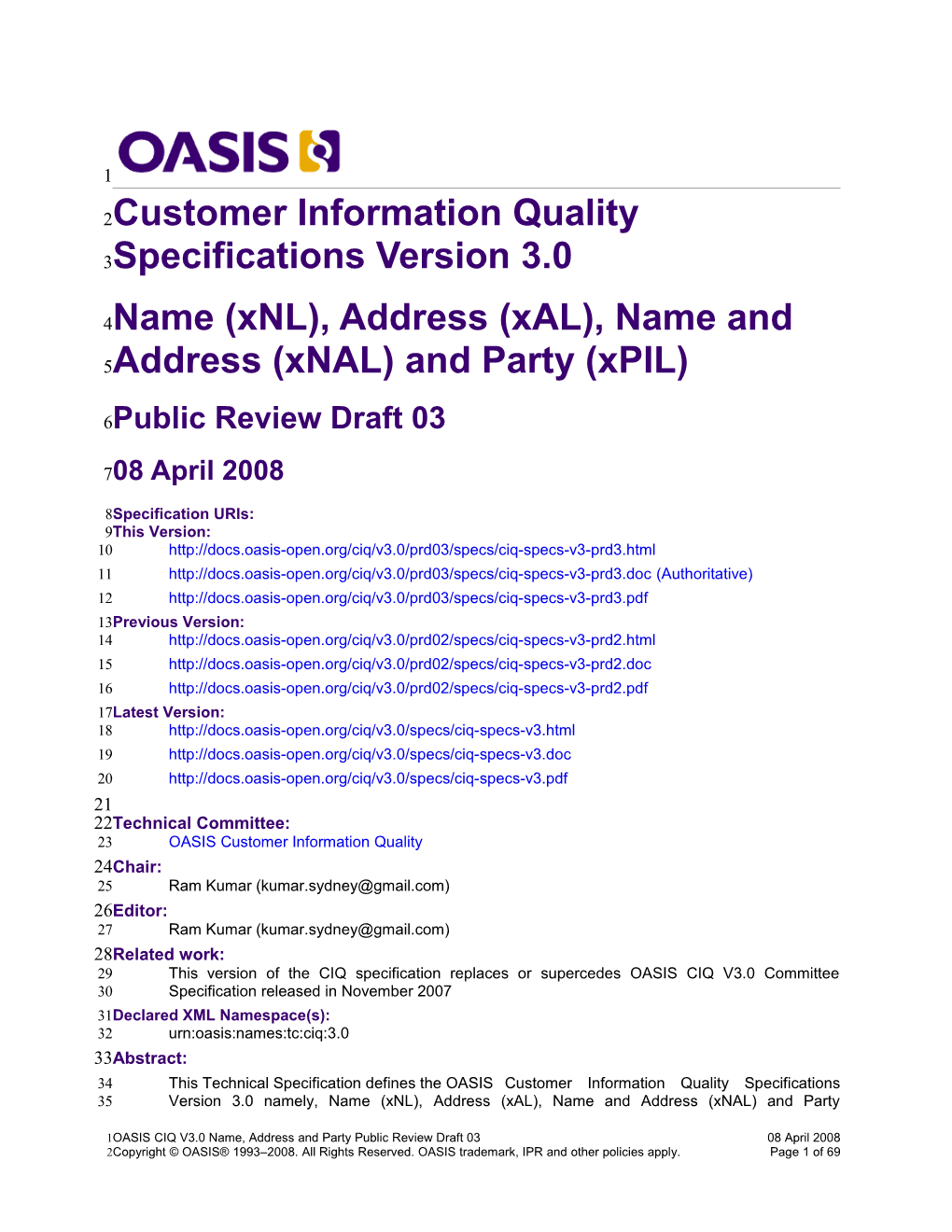 Customer Information Quality Specifications Version 3.0 - Name, Address and Party