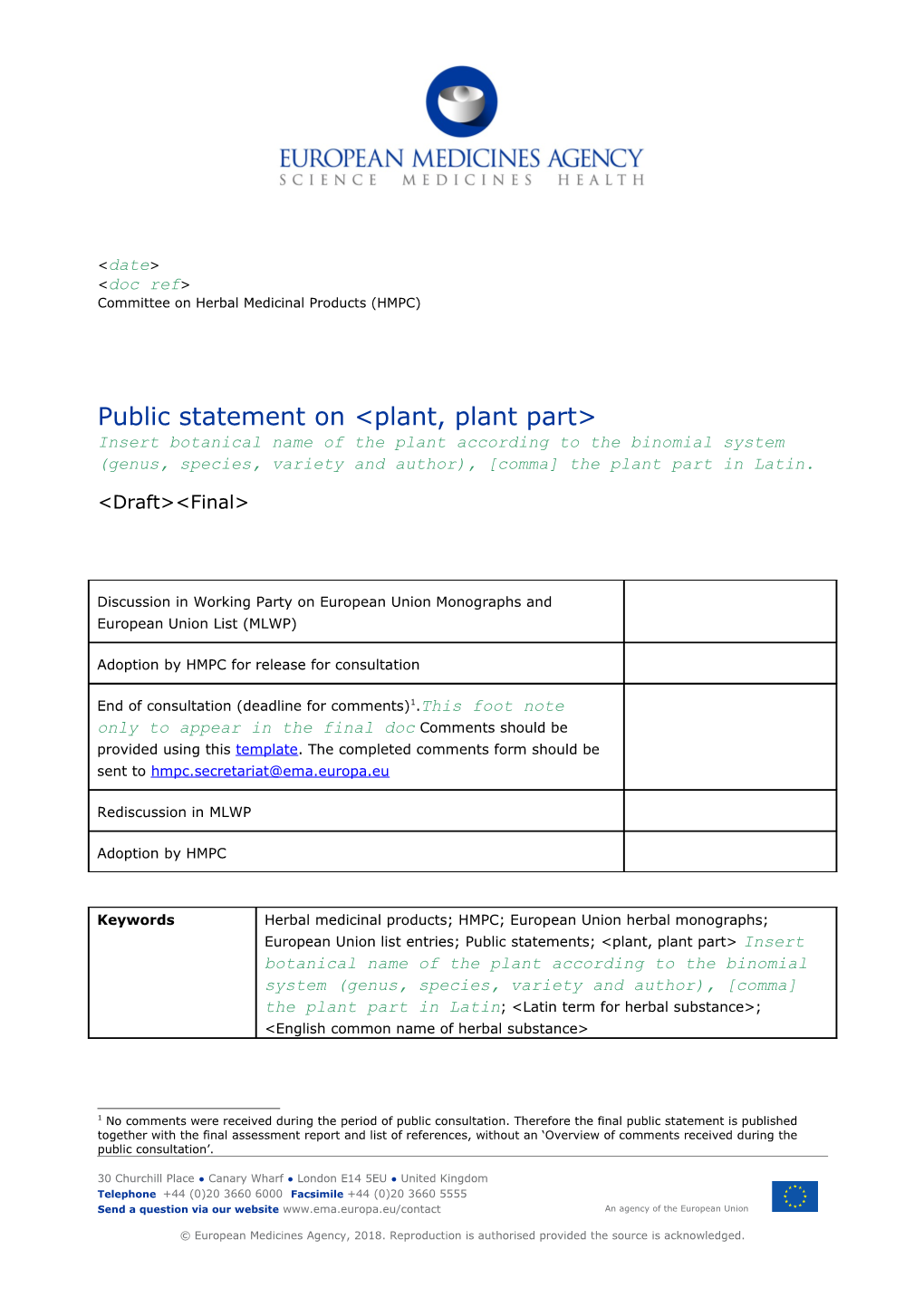 Template - HMPC Public Statement on Non-Preparation of a Community Herbal Monograph