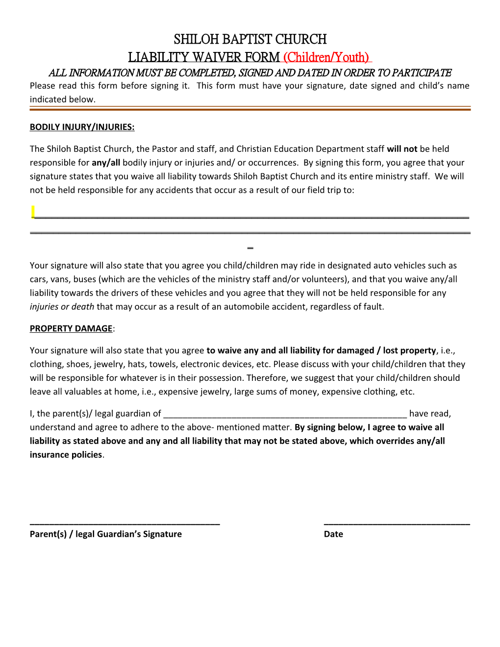 LIABILITY WAIVER FORM (Children/Youth)