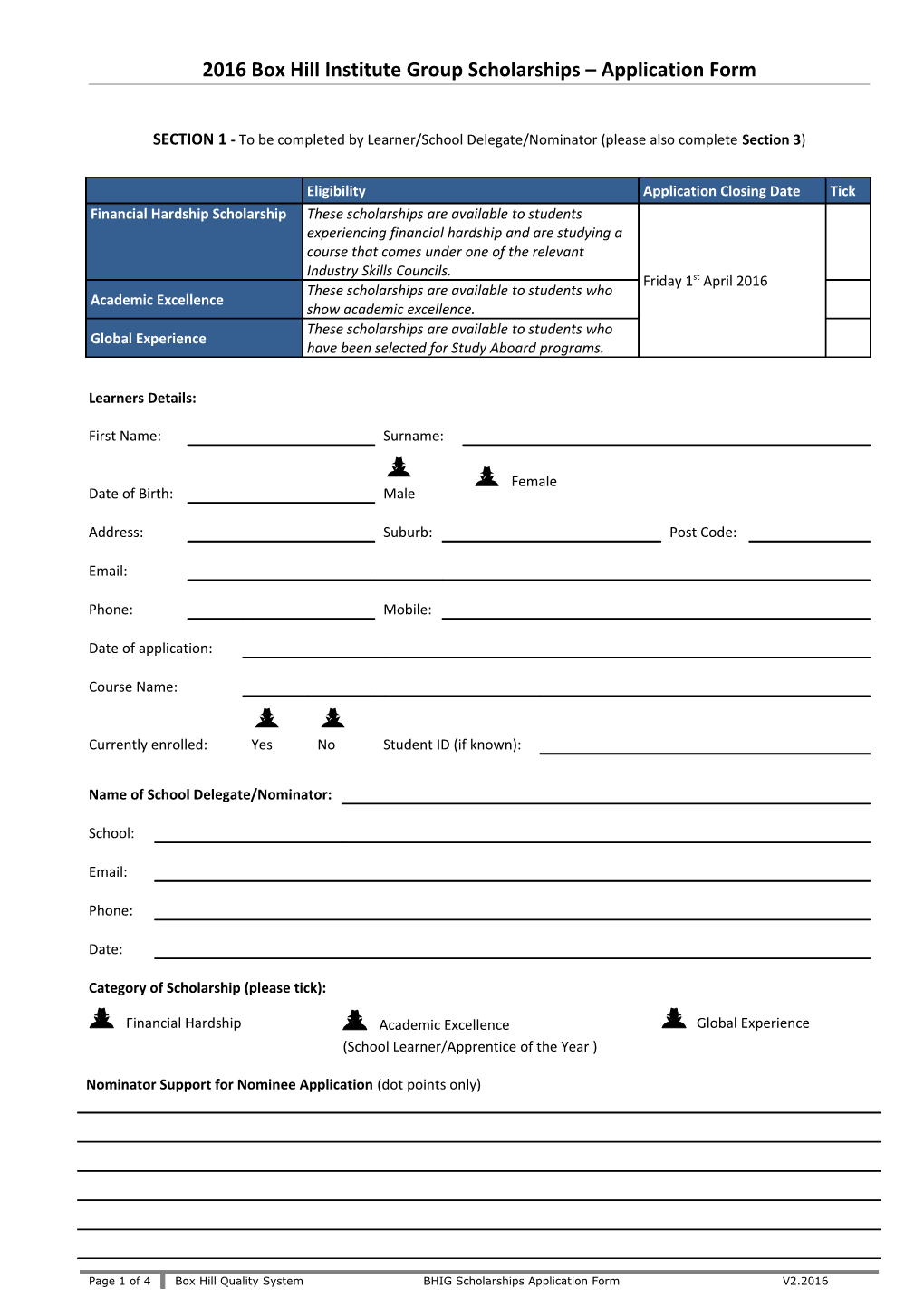 2016 Box Hill Institute Group Scholarships Application Form