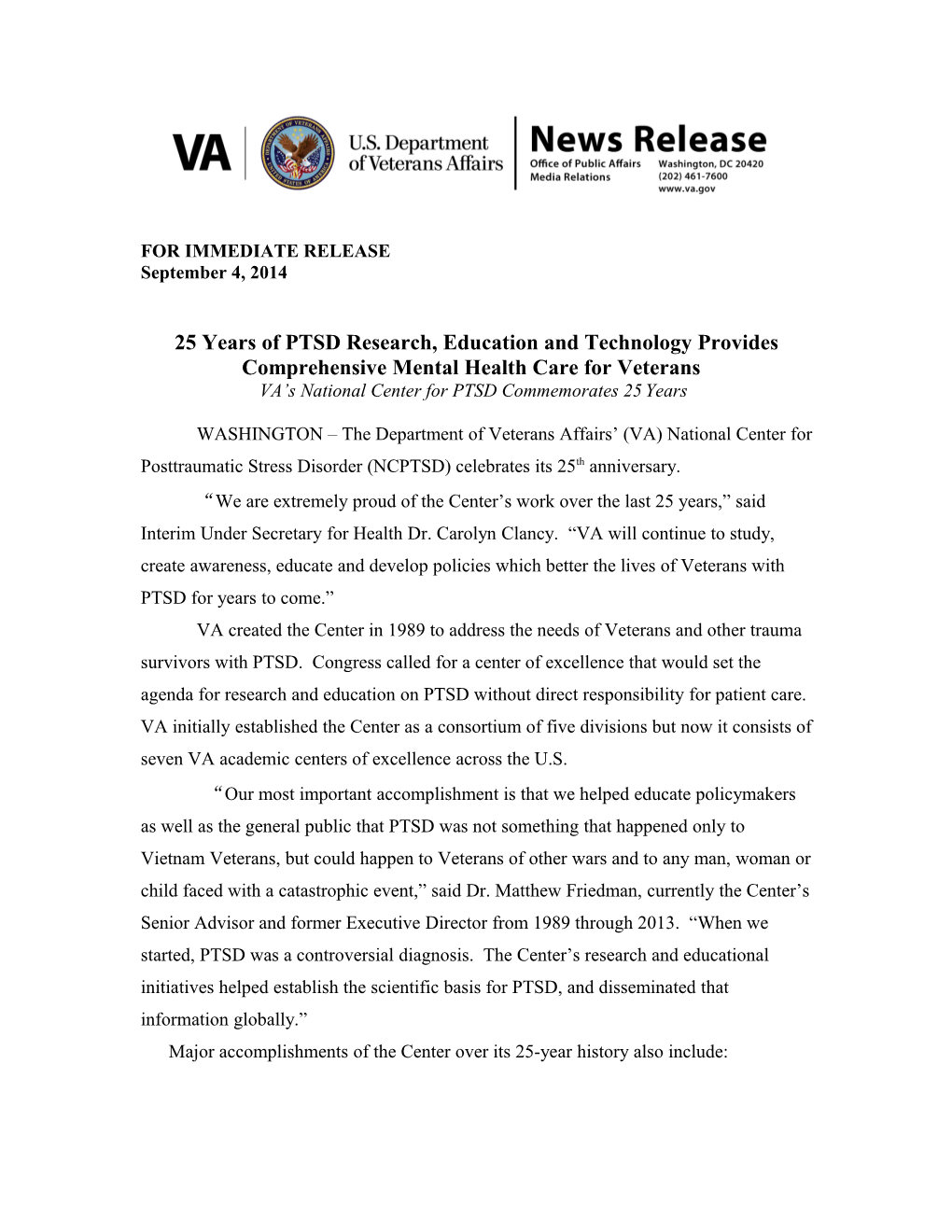 25 Years of PTSD Research, Education and Technology Provides Comprehensive Mental Health