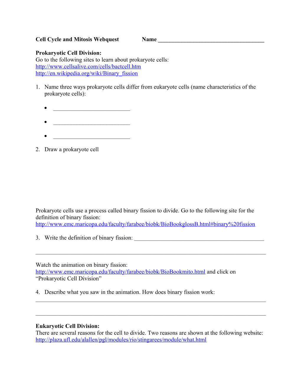 Cell Cycle and Mitosis Webquest