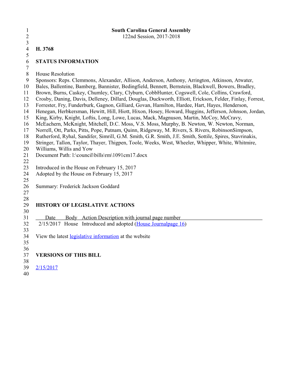 2017-2018 Bill 3768: Frederick Jackson Goddard - South Carolina Legislature Online