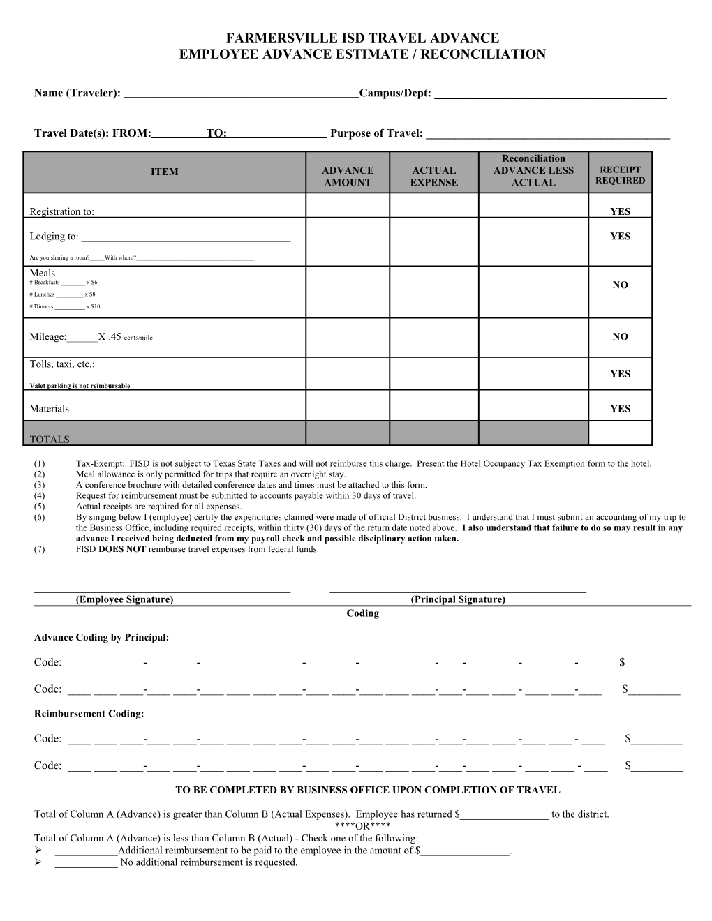 Farmersville Isd Travel Advance
