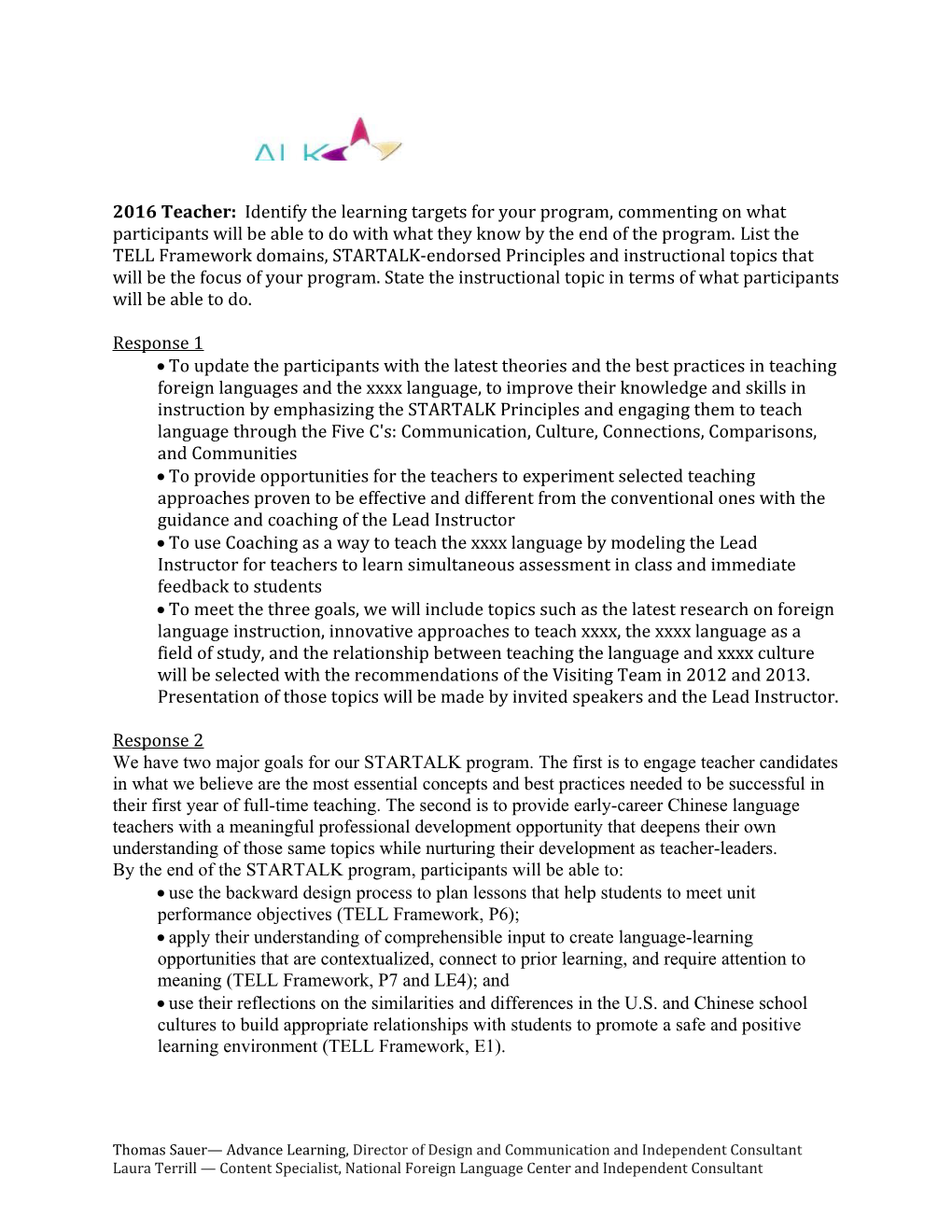 2016 Teacher: Identify the Learning Targets for Your Program, Commenting on What Participants