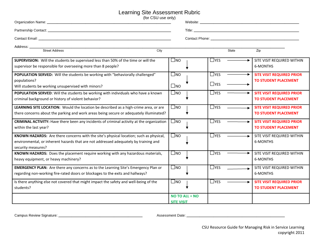 Learning Site Assessment Rubric (For CSU Use Only)