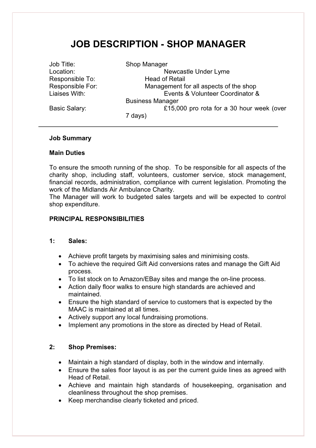 Job Description - Shop Manager