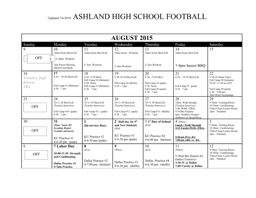 Updated 8/9/2015 ASHLAND HIGH SCHOOL FOOTBALL