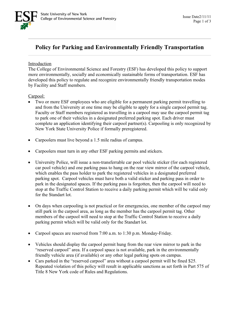 Policy for Parking and Environmentally Friendly Transportation