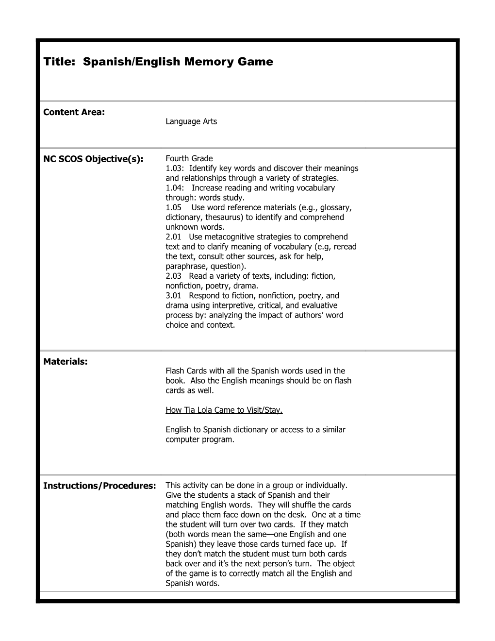 Title: Spanish/English Memory Game