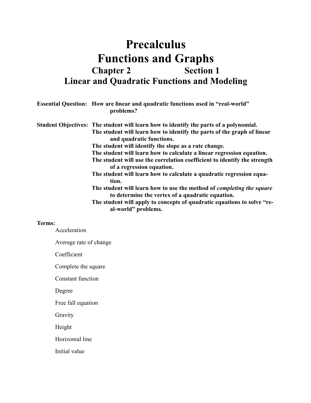 Linear and Quadratic Functions and Modeling